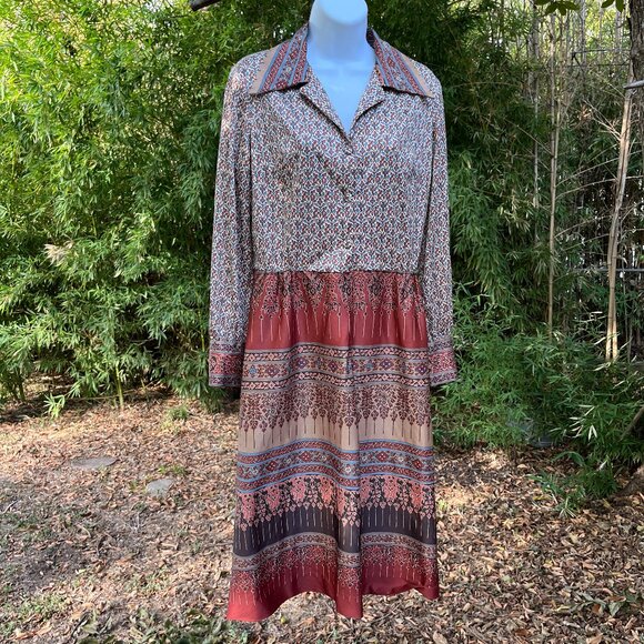 Vintage 70s Honeycomb Western Dress Womens M 8 Earth Tones Prairie Cottagecore - Picture 1 of 16